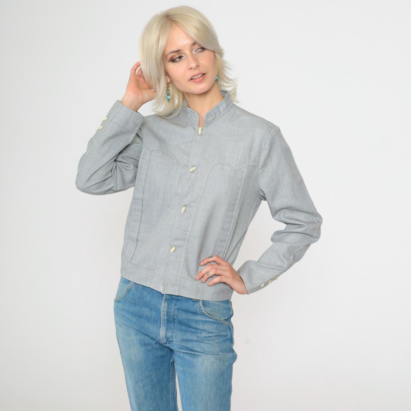 70s Western Jacket Grey Cotton Blend Toggle Button Mandarin Collar Small