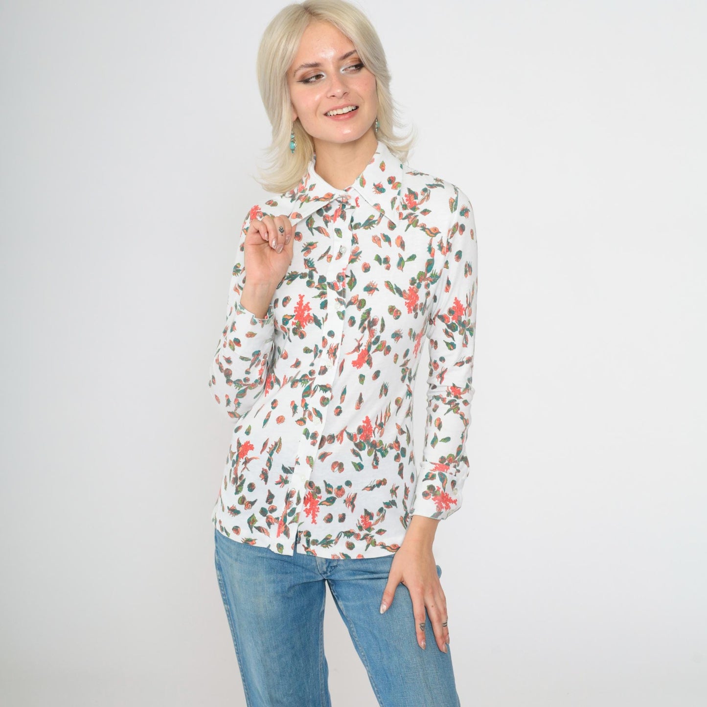 70s Seashell Print Button-Up Blouse White Novelty Shirt Long Sleeve Small