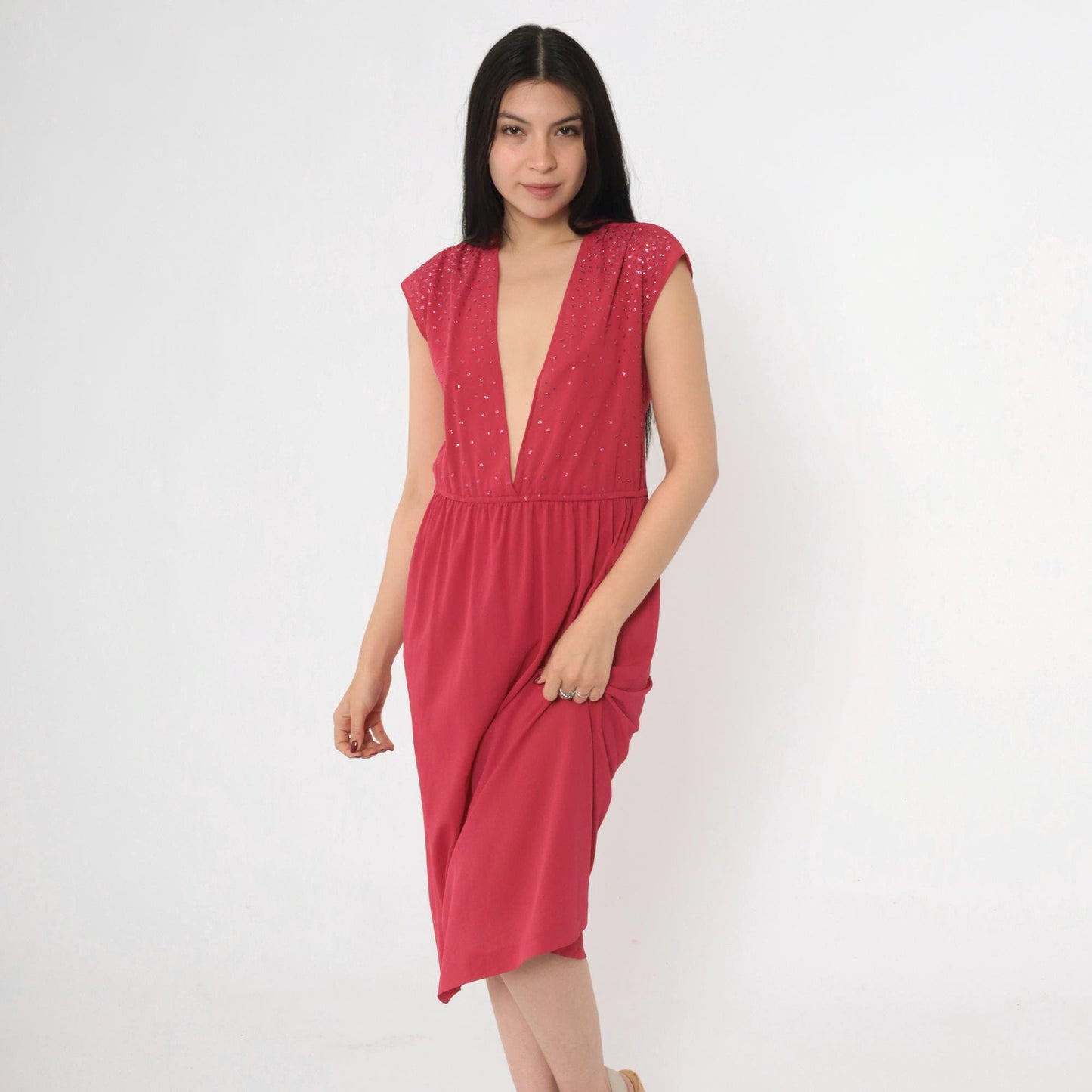 70s Raspberry Glitter Midi Dress Plunge V Neckline Cap Sleeve Small