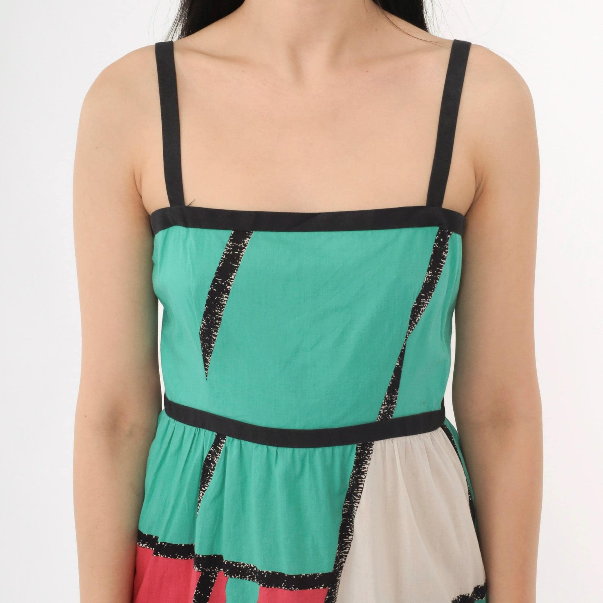 80s Teal Fuchsia Colorblock Maxi Sundress Spaghetti Strap High Waist Extra Small