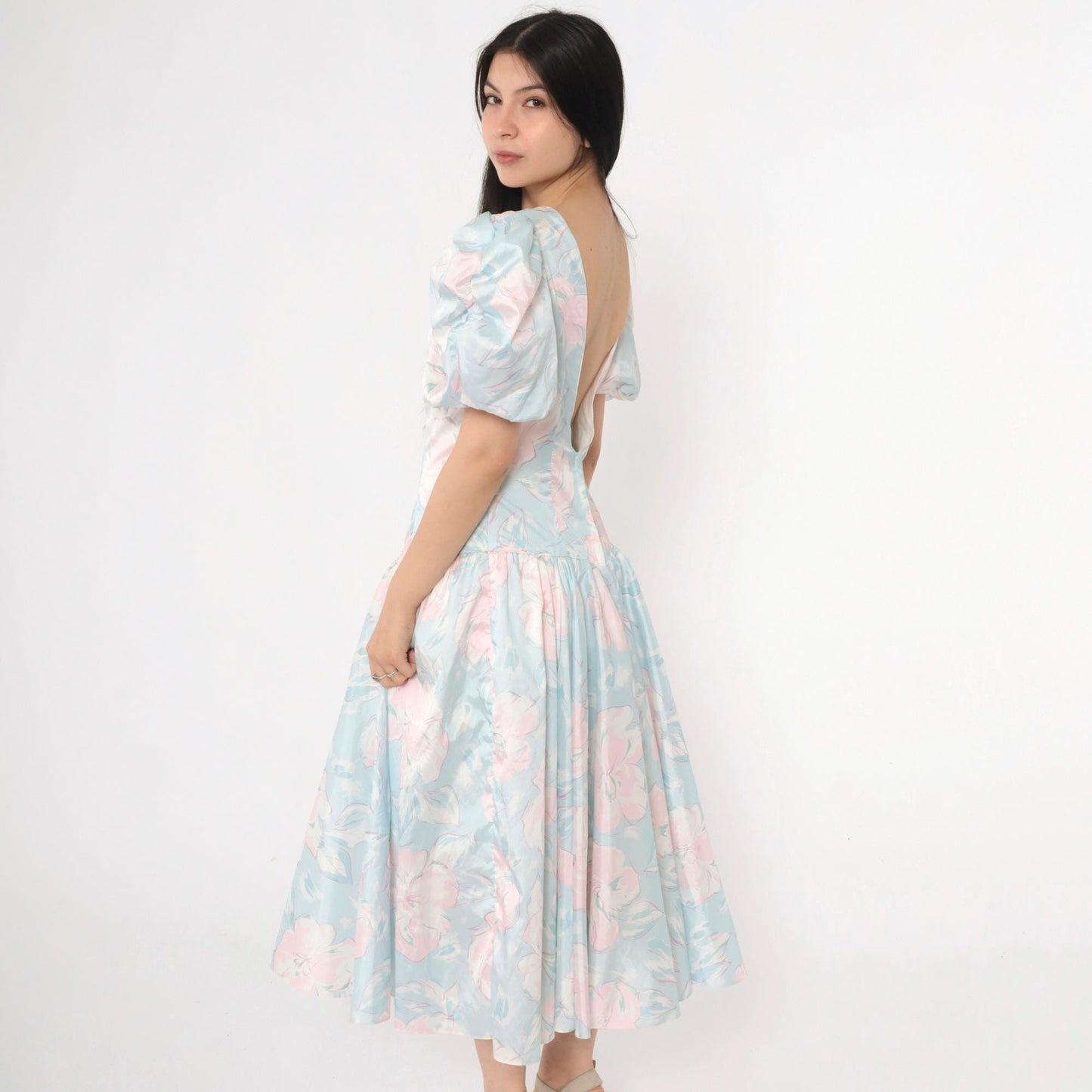 80s Pastel Floral Midi Dress Puff Sleeve Basque Waist Blue Pink Small