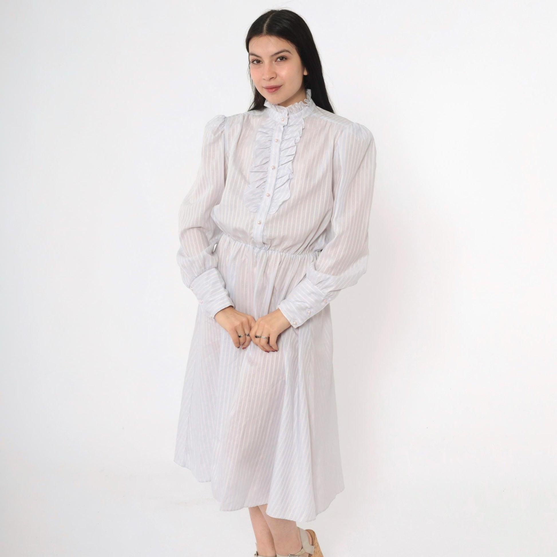 80s Striped Puff Sleeve Midi Dress Grey-Blue Pink White High Waisted Small