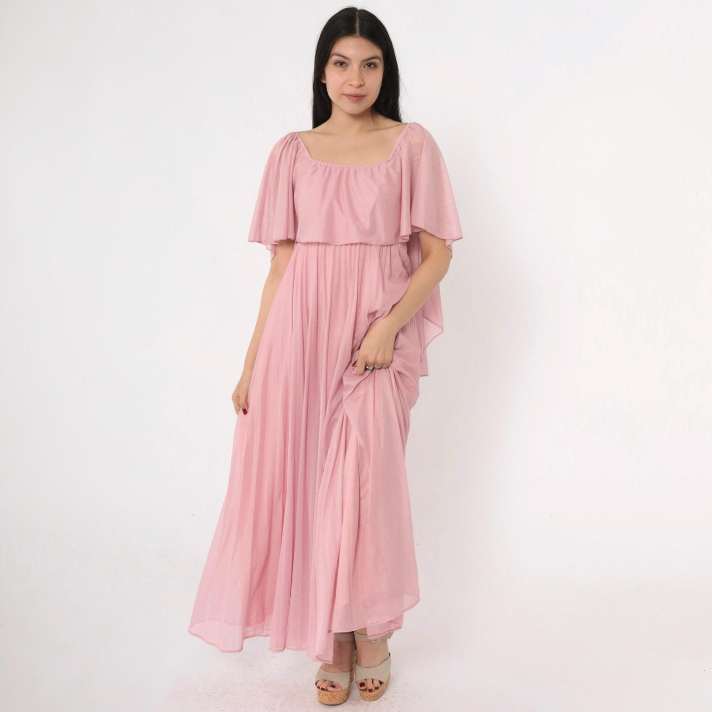 70s Pink Grecian Maxi Dress Capelet Flutter Sleeve High Waist Extra Small