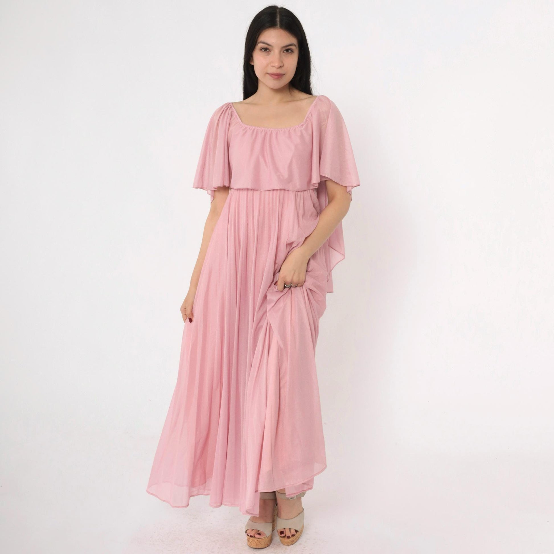 70s Pink Grecian Maxi Dress Capelet Flutter Sleeve High Waist Extra Small