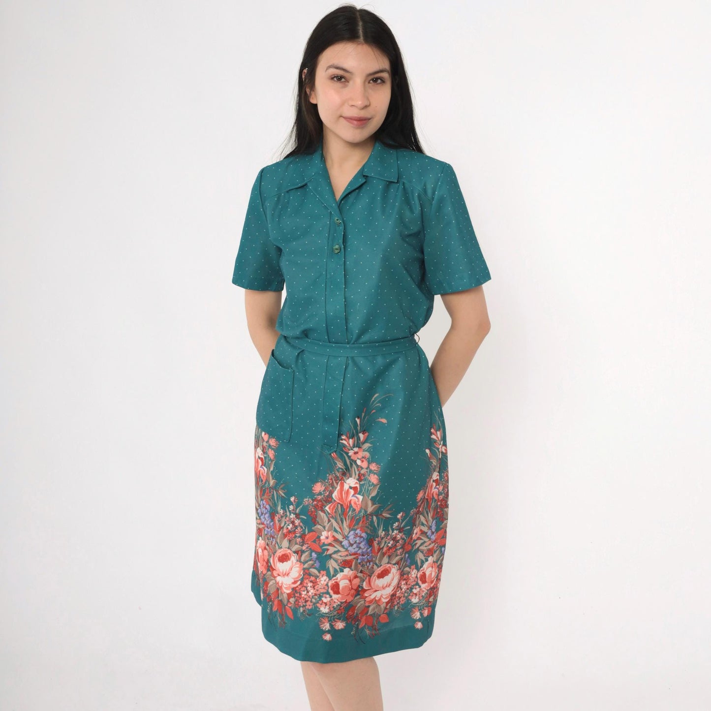 70s Nancy Frock Floral Polka Dot Shift Dress Teal Midi Collared Medium