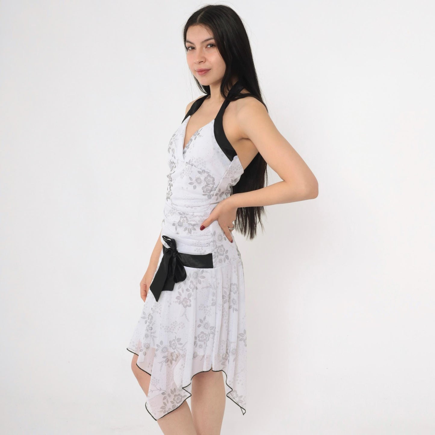 Y2K Taboo Floral Halter Mini Dress White Grey Ruched Hanky Hem Medium