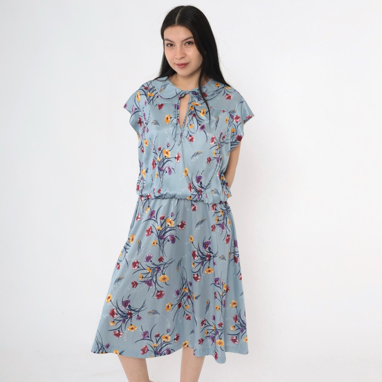 70s Blue Floral Midi Dress High Waist Peter Pan Collar Keyhole Cap Sleeve Extra Large