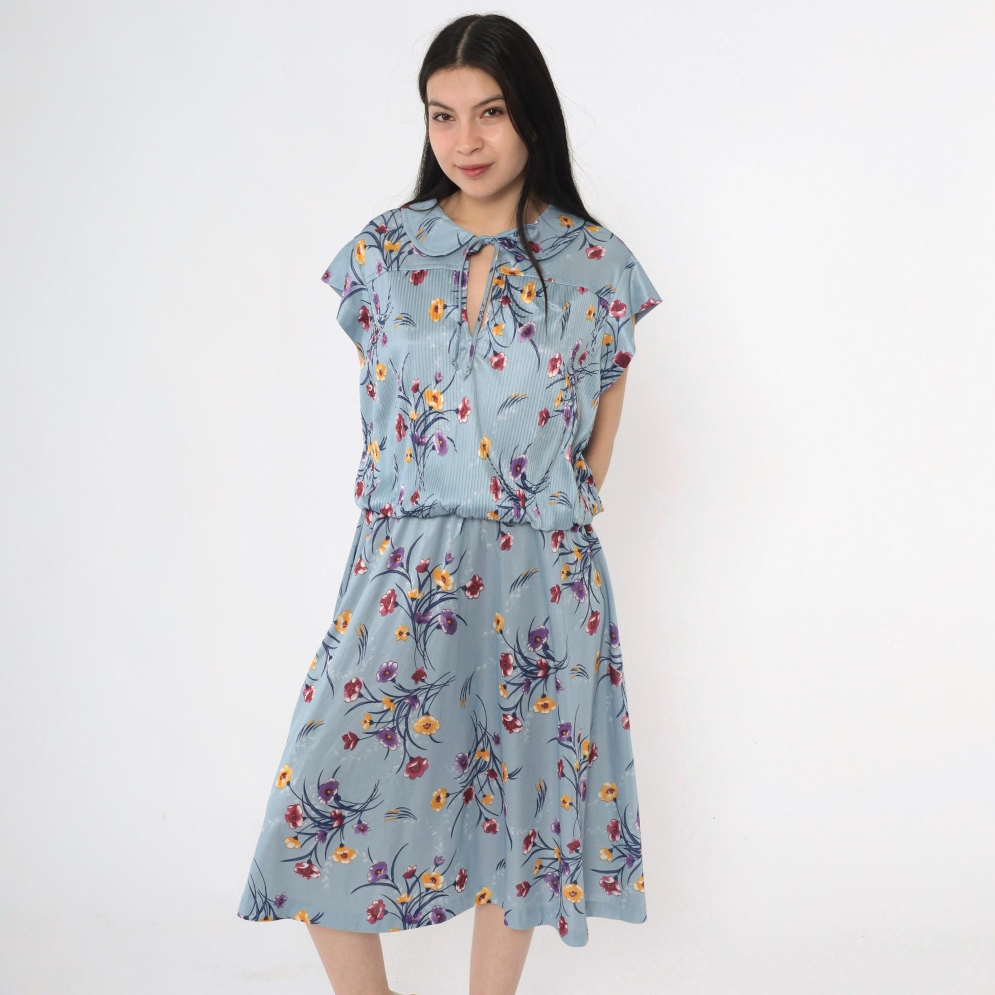70s Blue Floral Midi Dress High Waist Peter Pan Collar Keyhole Cap Sleeve Extra Large
