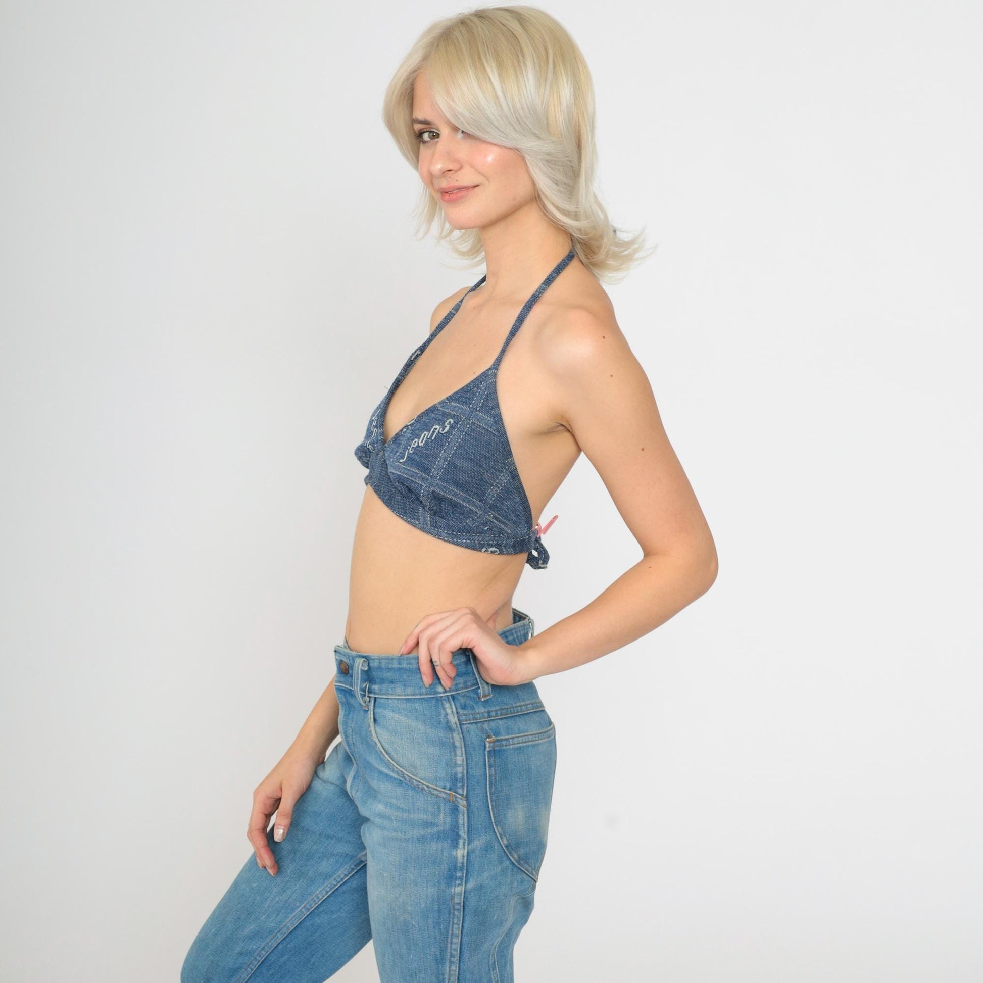 70s Blue Halter Triangle Bikini Top Jeans Print Medium