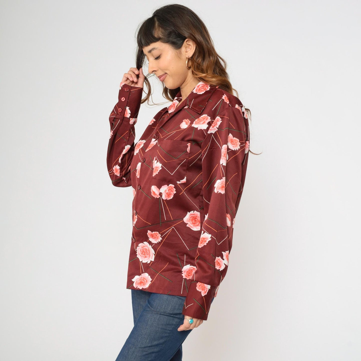 70s Triumph of California Floral Geometric Striped Button Up Shirt Maroon Medium