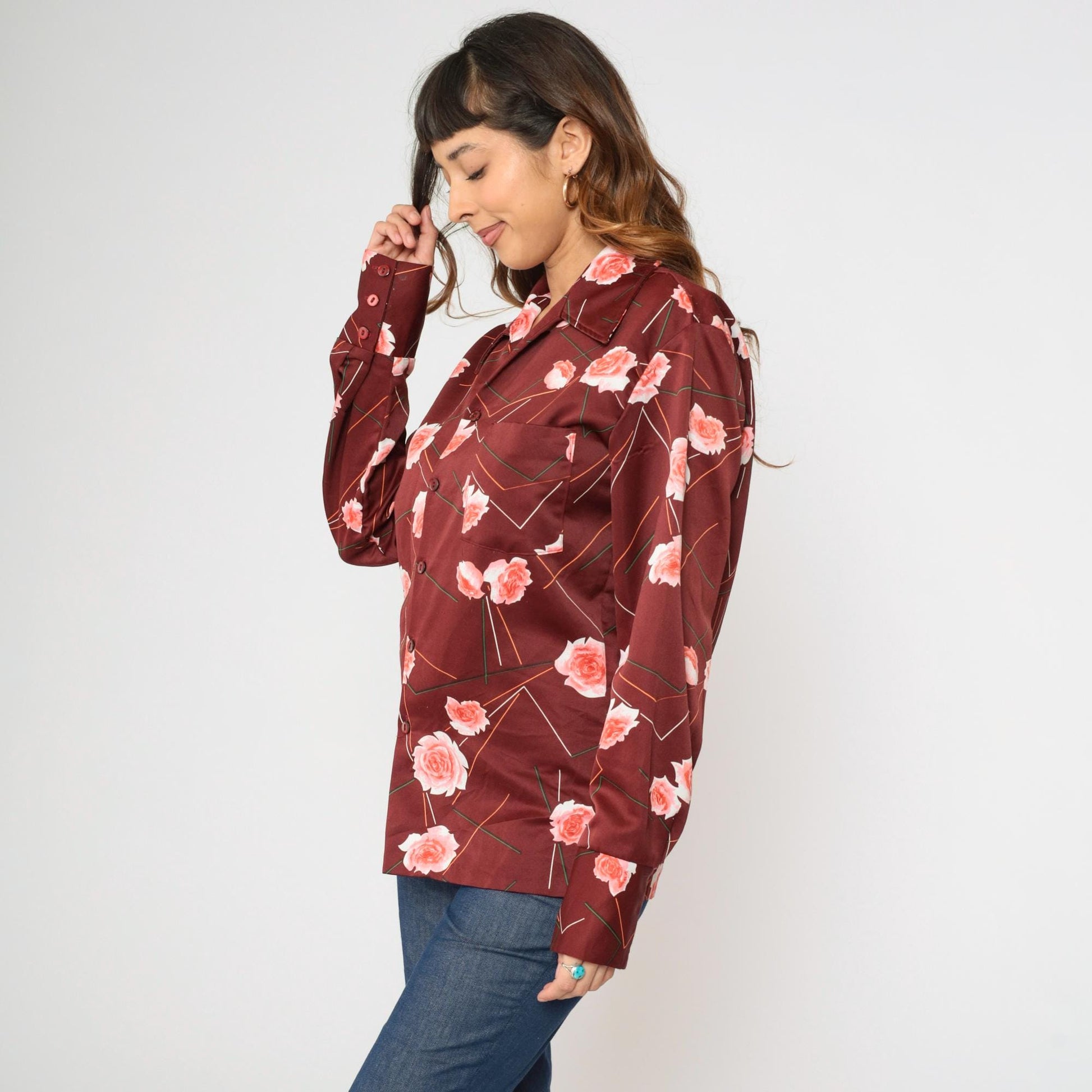 70s Triumph of California Floral Geometric Striped Button Up Shirt Maroon Medium