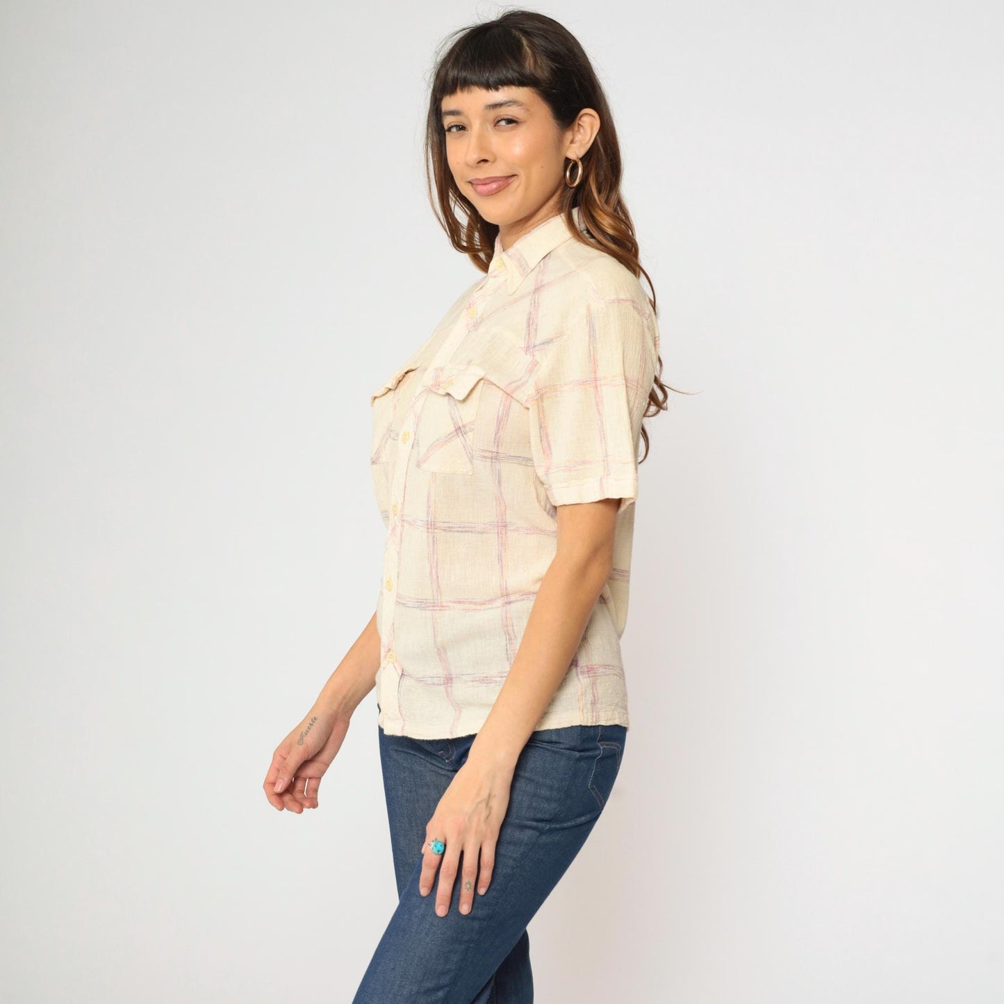 70s Trouper Gauze Plaid Shirt Cream Pointed Collar Button Up Medium