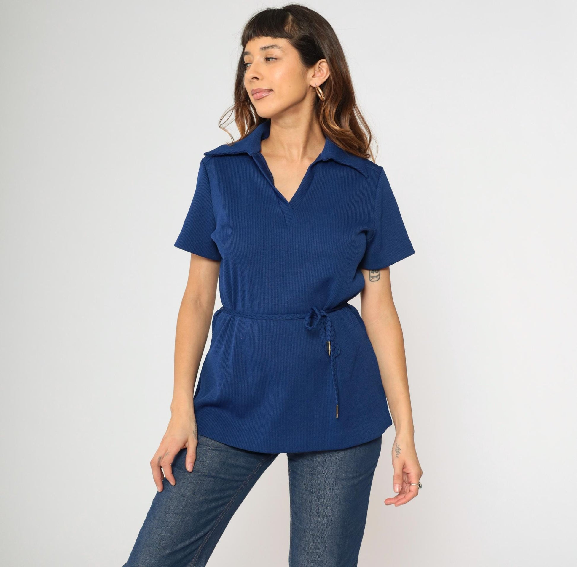 70s Dark Blue Ribbed Knit Johnny Collar Blouse Short Sleeve Large L