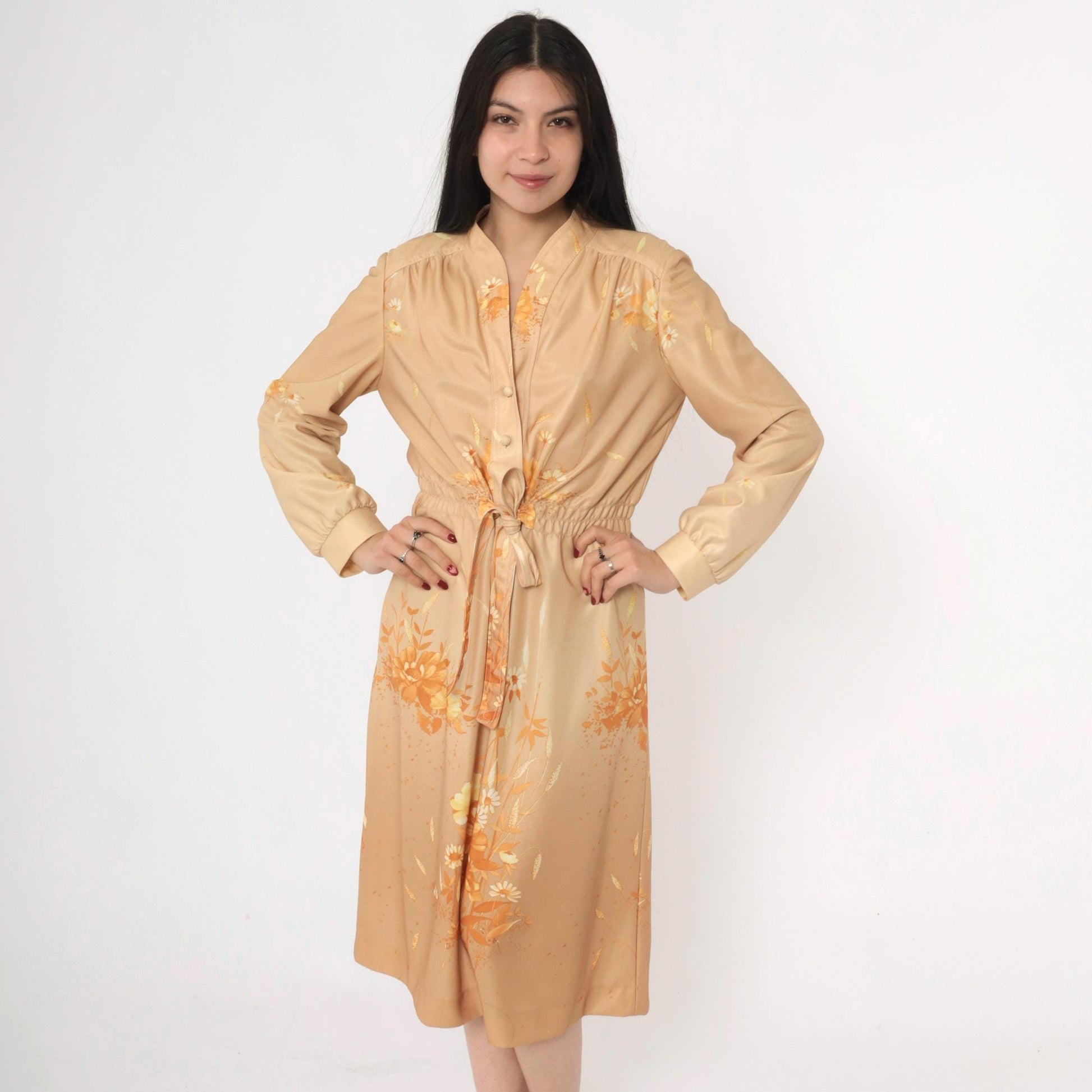 70s Tan Floral Midi Dress Button-Up Smocked Waist Tie Belt Long Sleeve Medium