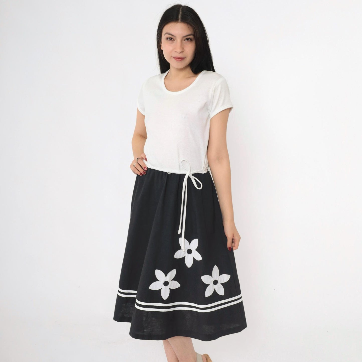 70s Toni Todd Black White Floral Appliqué Midi Dress High Waist Scoop Neck Medium