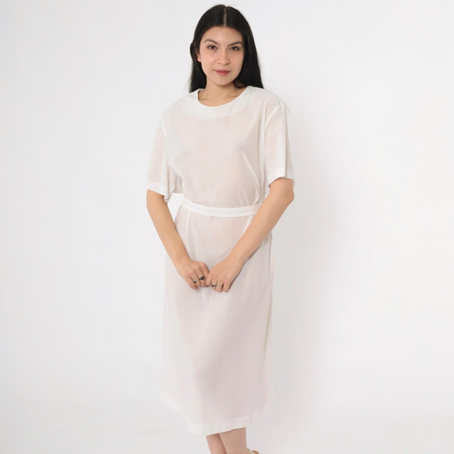 70s Sheer White Shift Dress Tie Belt Short Sleeve Mini Plus Size XXL