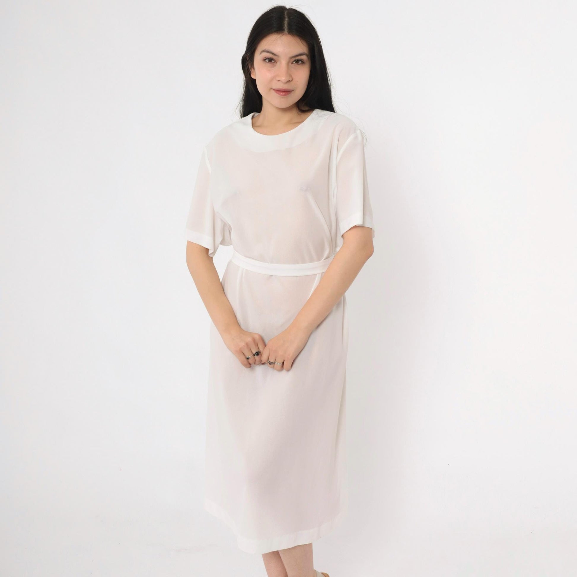 70s Sheer White Shift Dress Tie Belt Short Sleeve Mini Plus Size XXL