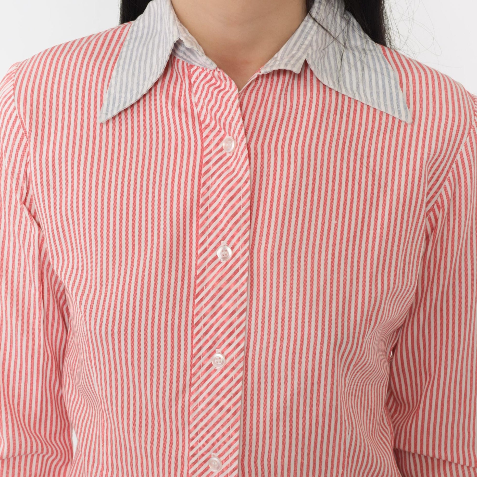 70s Red White Striped Button Up Blouse Dagger Collar Long Sleeve Extra Small