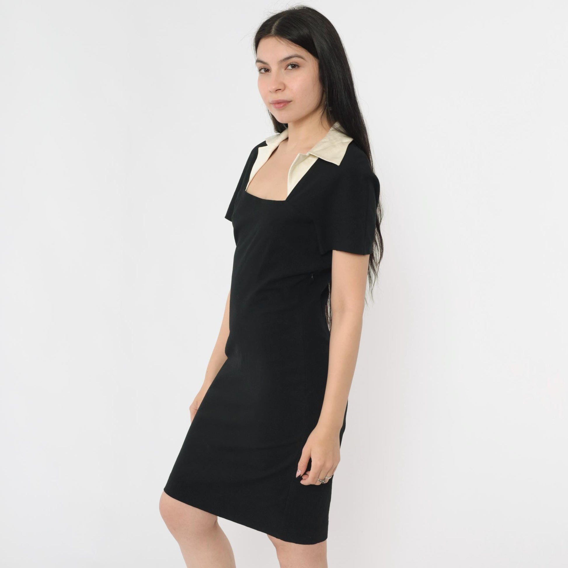 90s Mariella Burani Black Mini Dress Wool Blend Square Neck Medium M