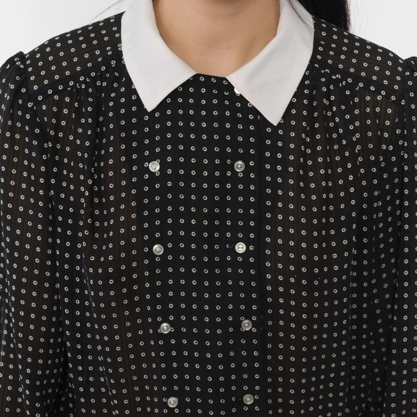 80s Black Polka Dot Midi Dress White Collar Puff Sleeve Button Front Medium M