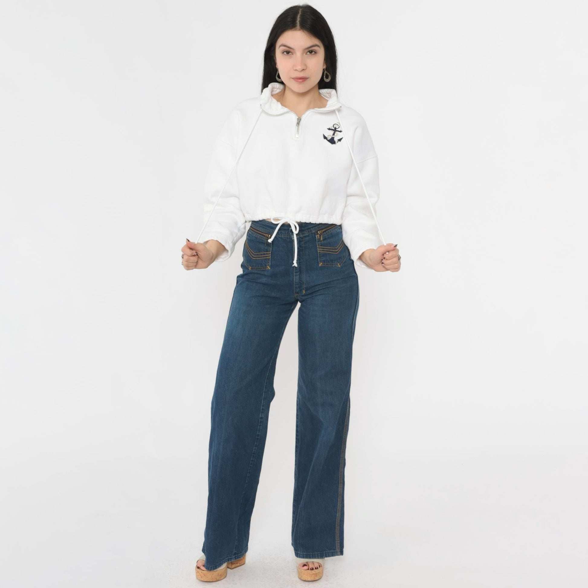 90s The Deep End White Anchor Embroidered Half-Zip Sweatshirt Cropped Large