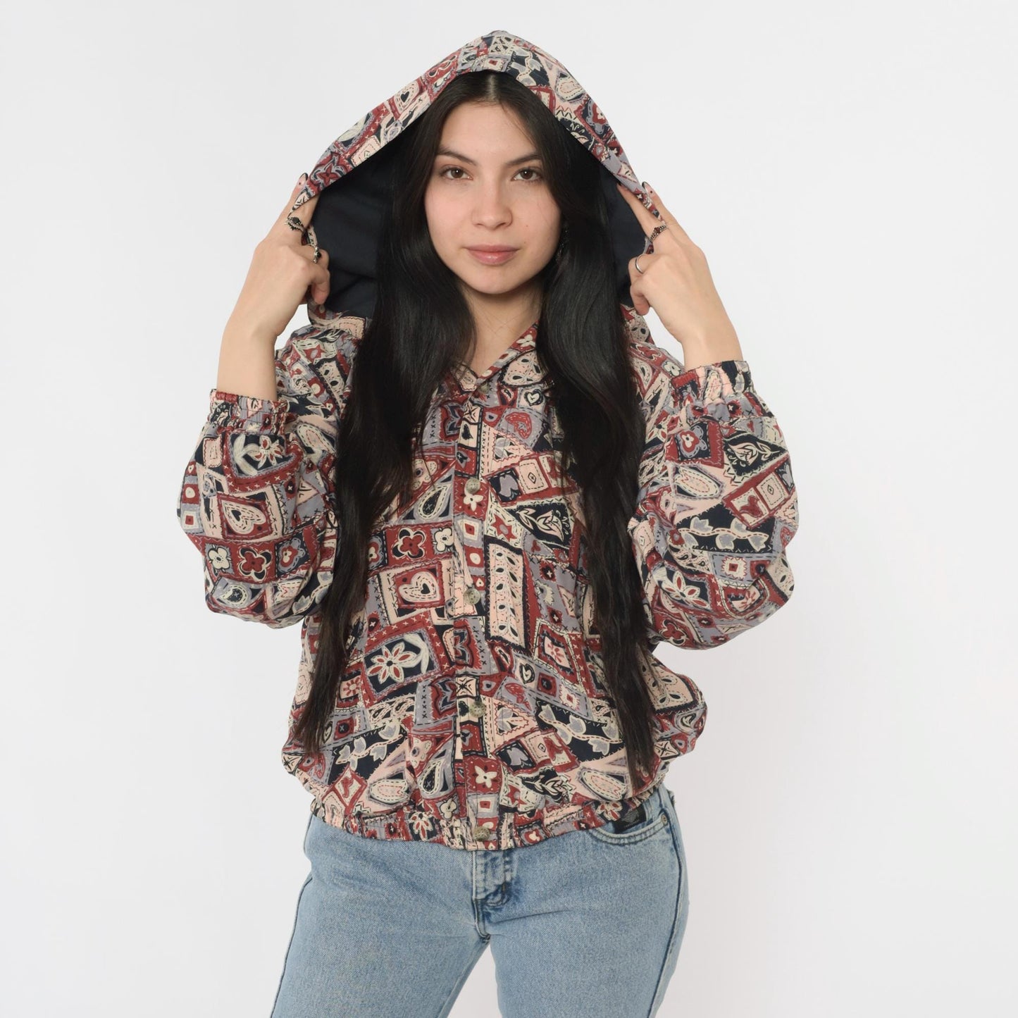 90s Patchwork Hooded Windbreaker Jacket Hearts Floral Rust Red Large L