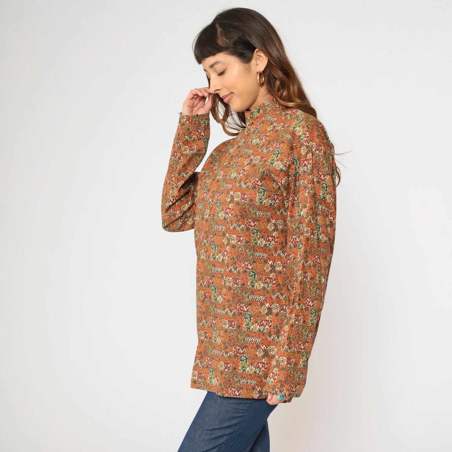 70s Patchwork Floral Stand Collar Tunic Shirt Orange Button Up Medium