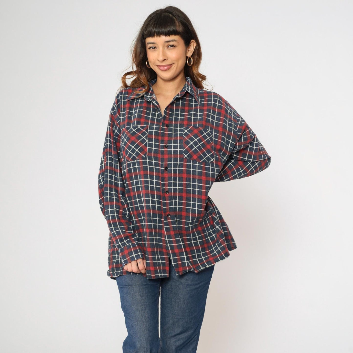 90s Saugatuck Drygoods Plaid Flannel Shirt Red Blue Cotton Button Up Extra Large