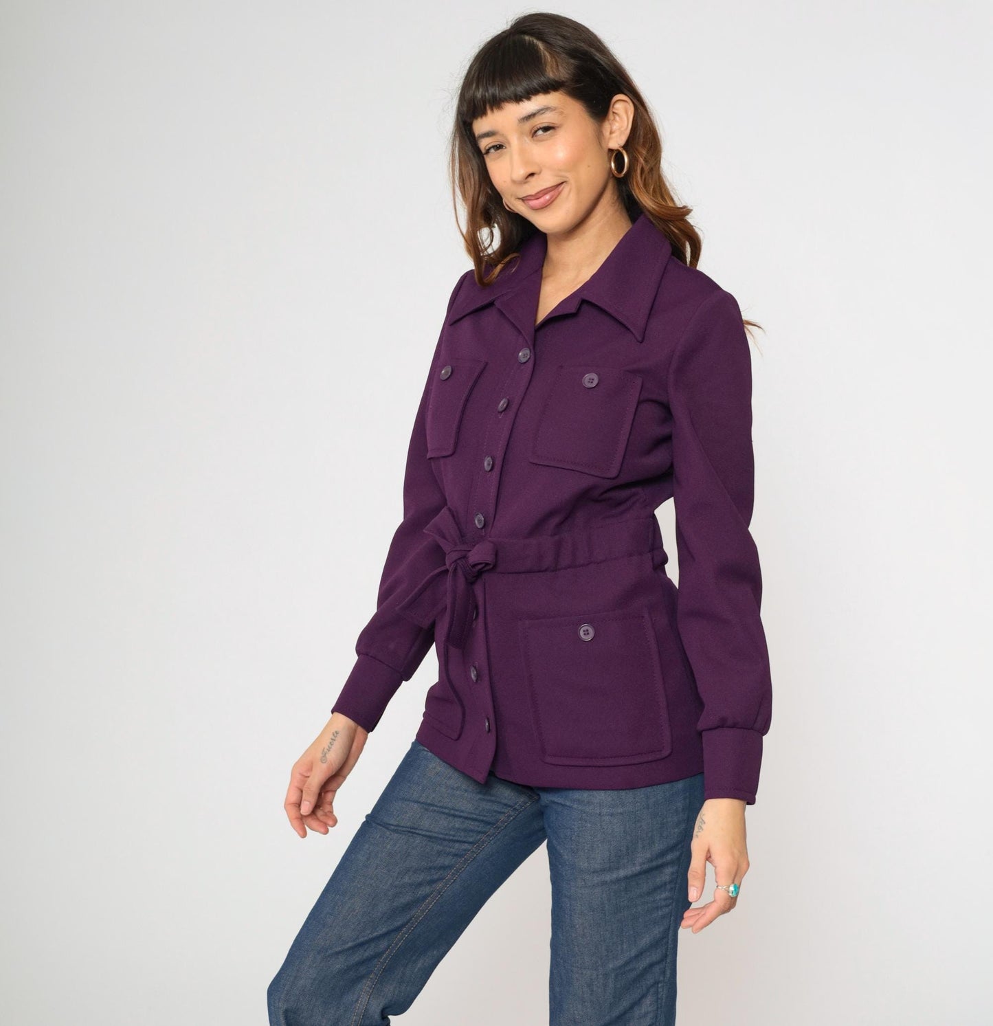 70s Purple Safari Jacket Wide Collar Belted Utility Pockets Small