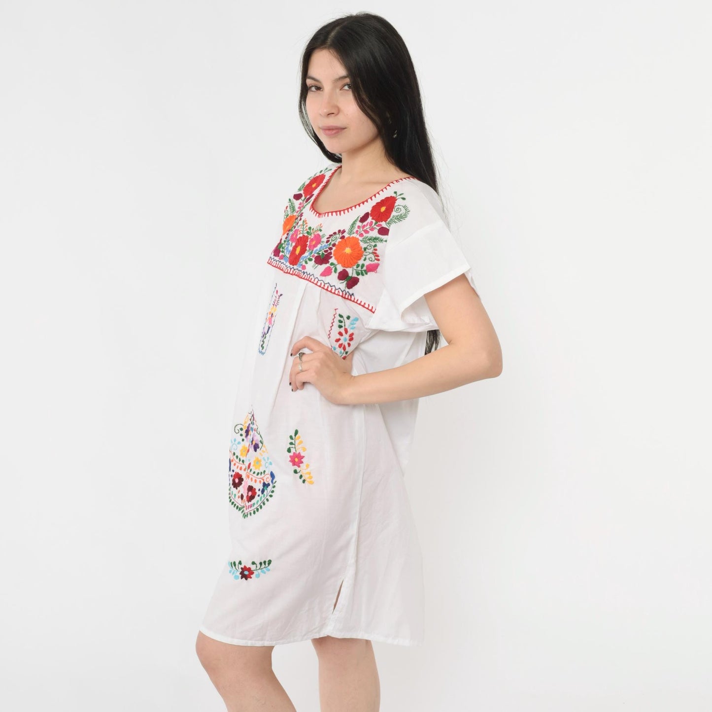 Y2K Mexican Floral Embroidered White Cotton Mini Dress Medium M