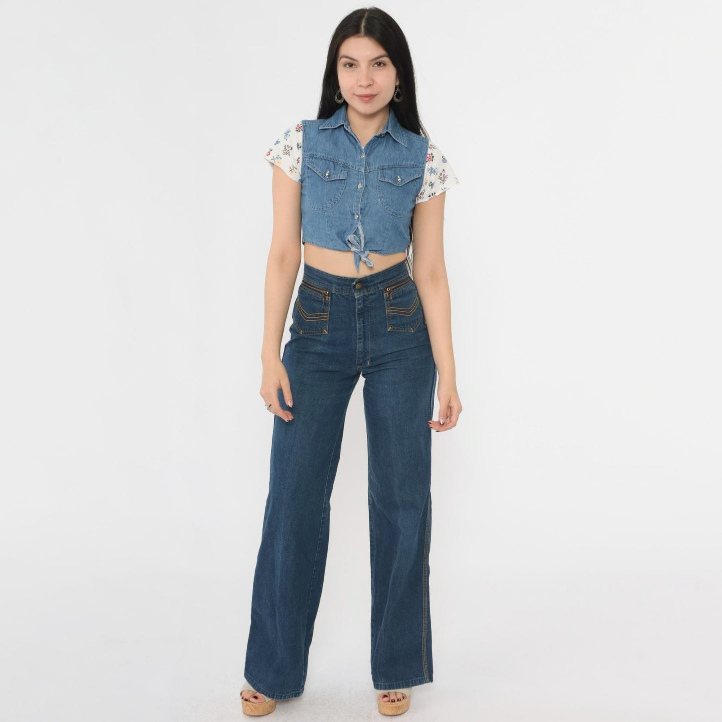 90s Floral Crop Top With Attached Denim Vest Button Up Blouse White XXS