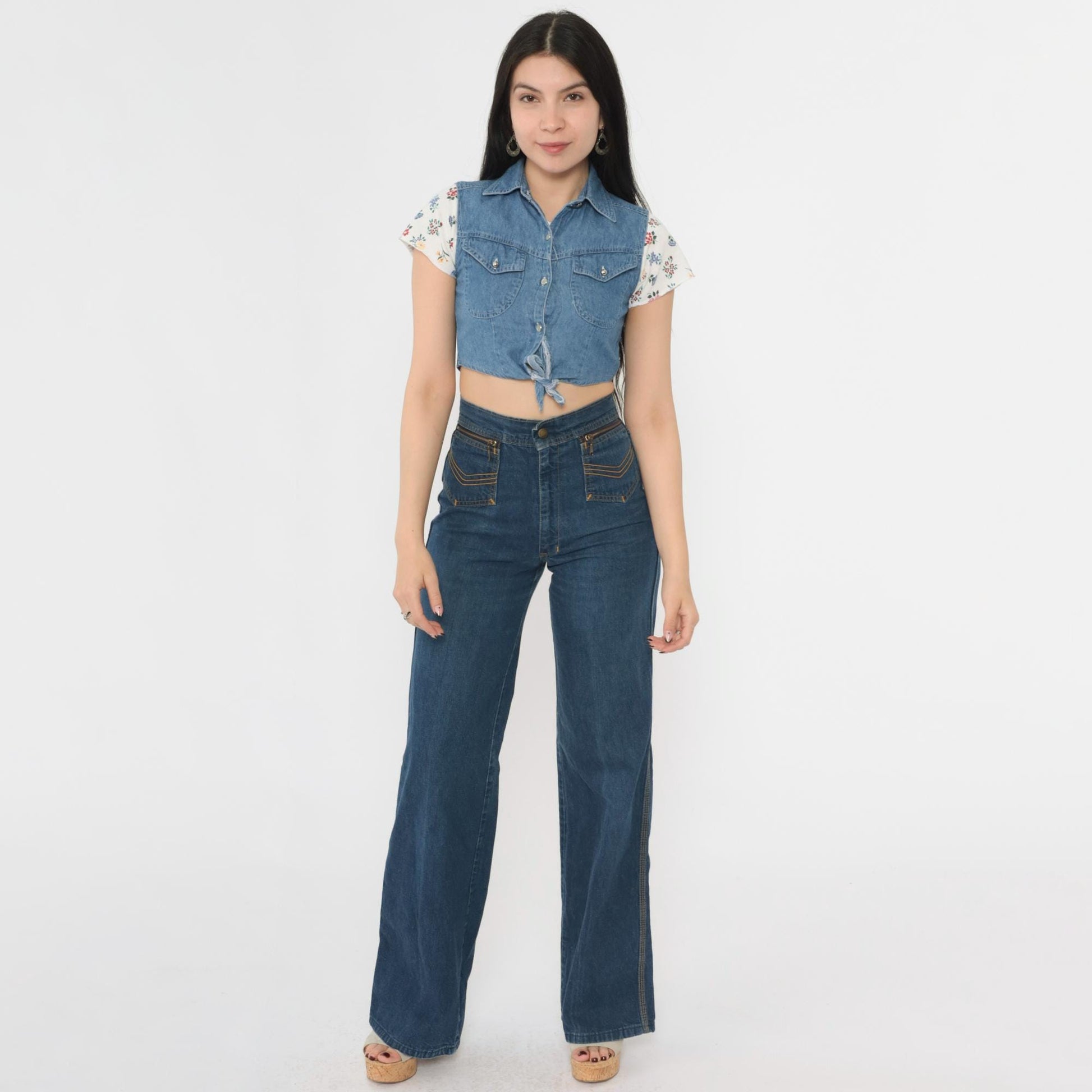 90s Floral Crop Top With Attached Denim Vest Button Up Blouse White XXS