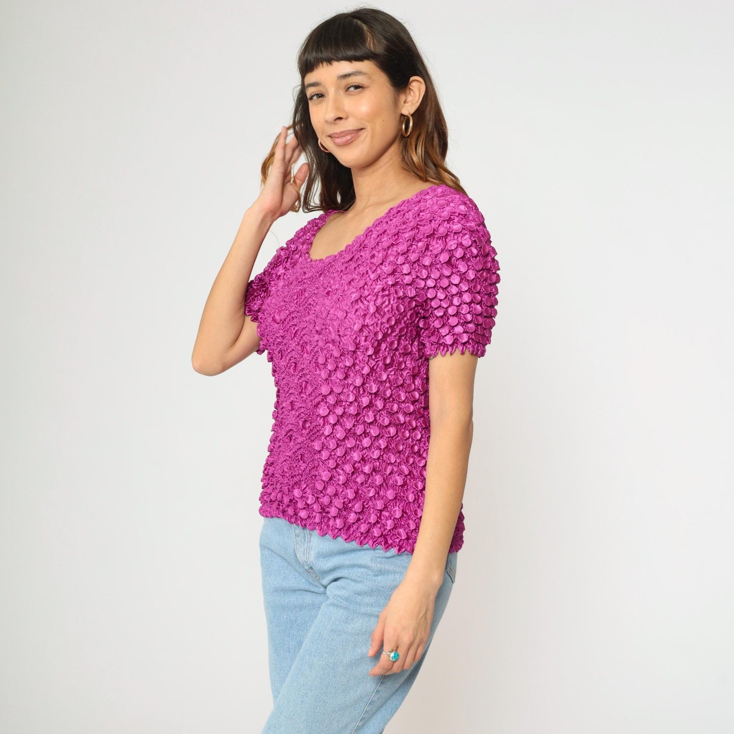 Y2K Magenta Popcorn Textured Short Sleeve Top One Size