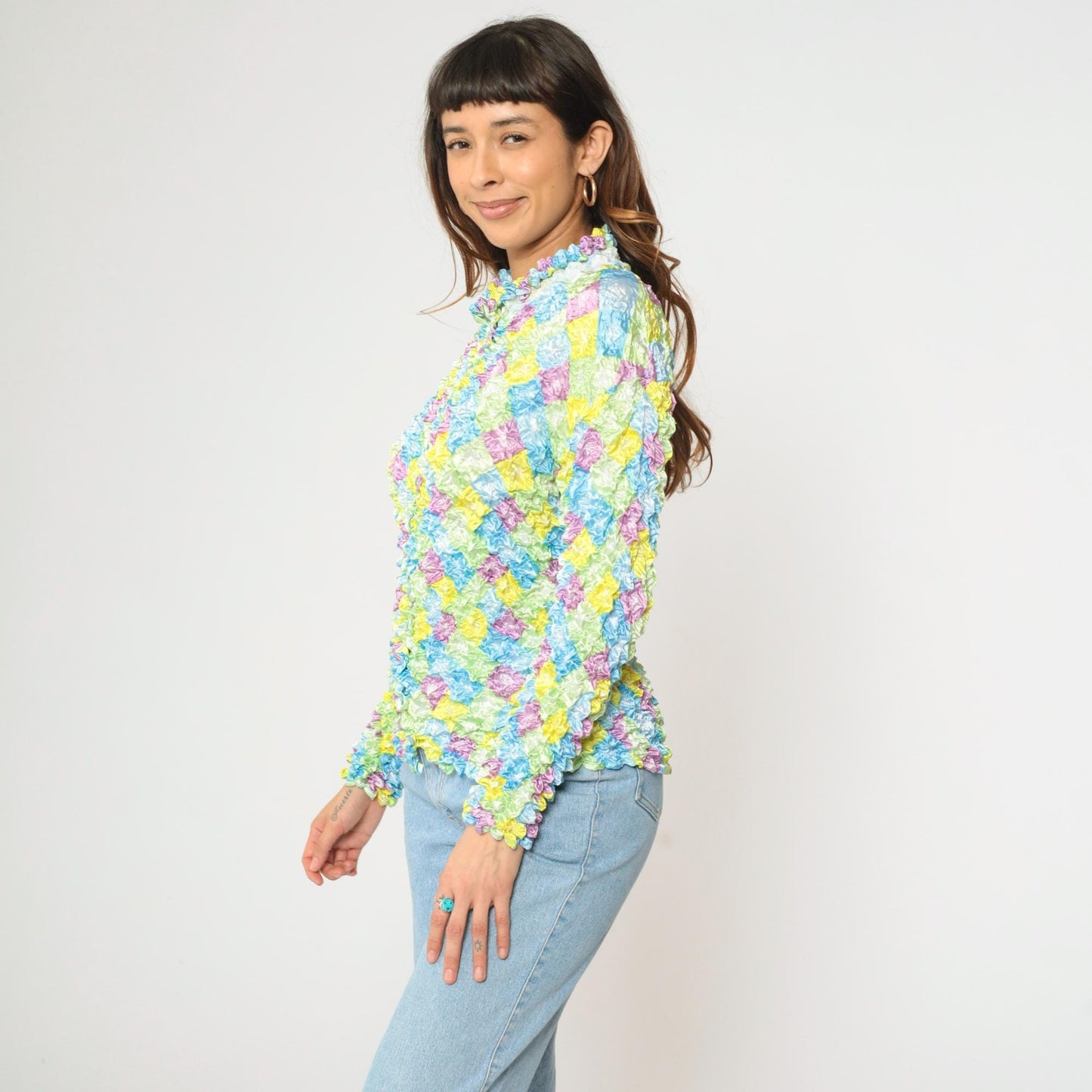 Y2K Pastel Harlequin Diamond Popcorn Shirt Crinkle Stretch Button Up Small