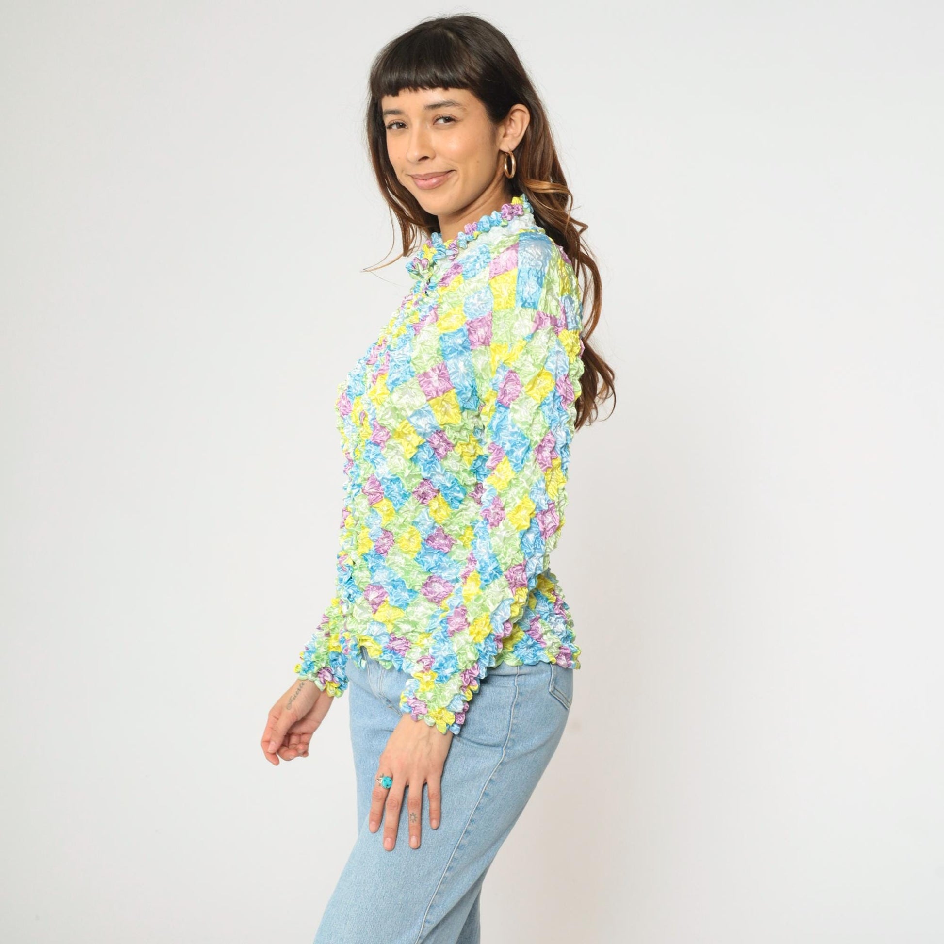 Y2K Pastel Harlequin Diamond Popcorn Shirt Crinkle Stretch Button Up Small