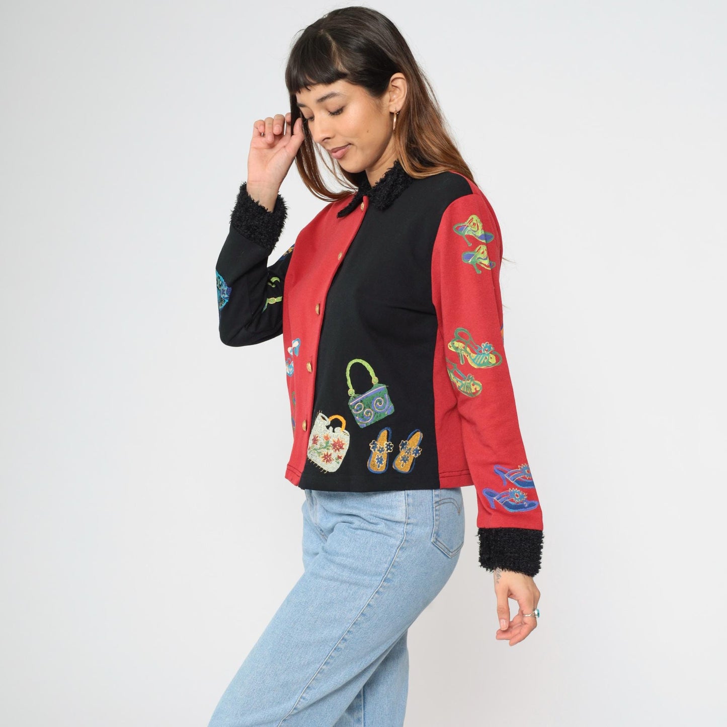 Y2K Shoe Handbag Print Jacket Black Red Color Block Fuzzy Collar Medium M