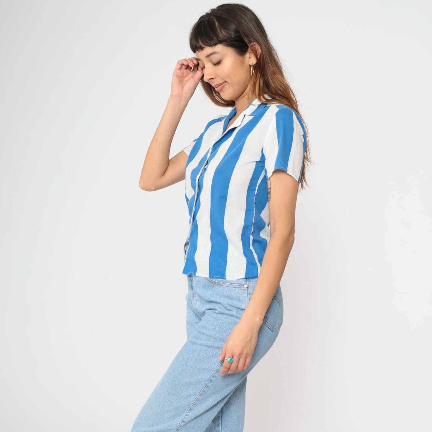 80s Blue & White Striped Button Up Shirt Short Sleeve Blouse Small