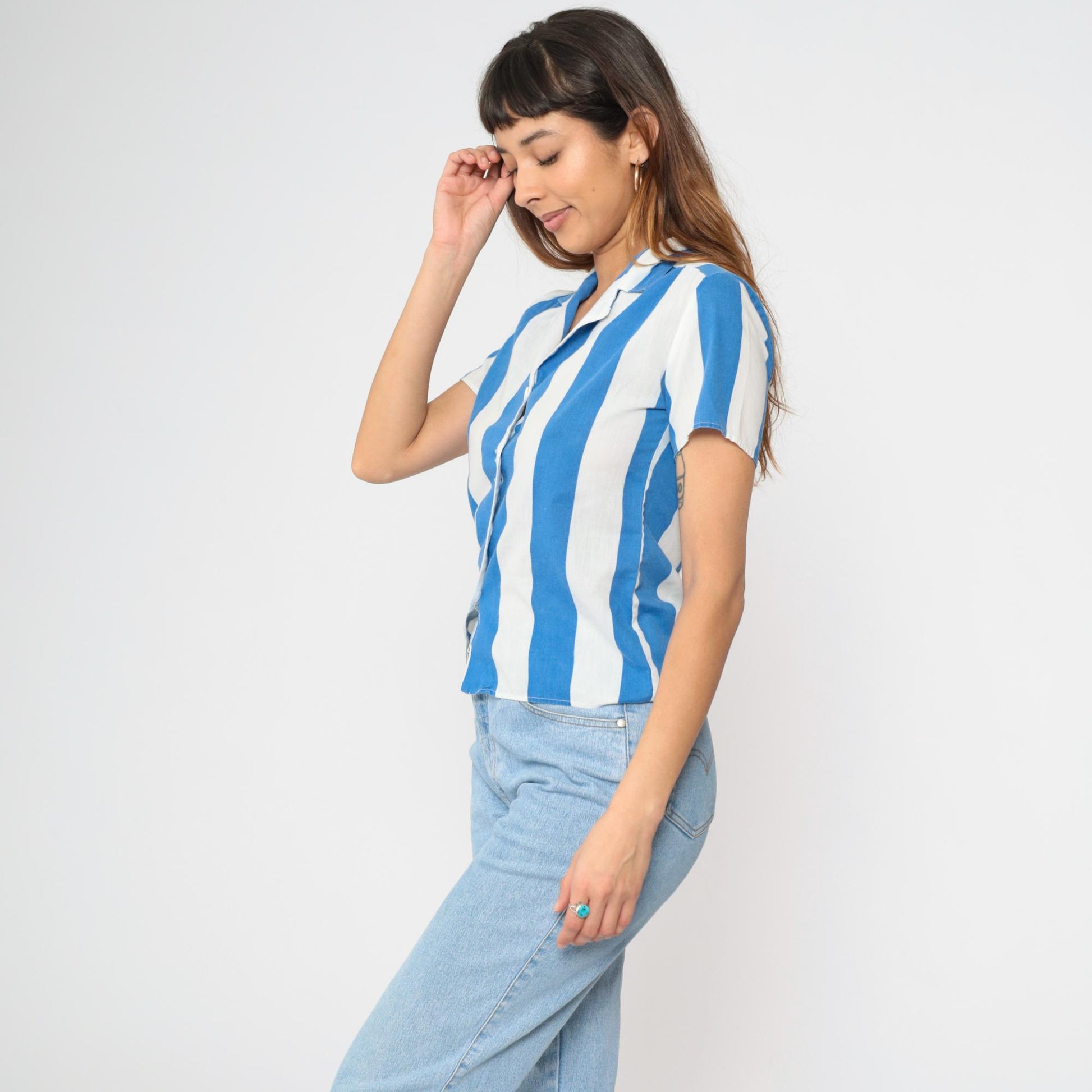 80s Blue & White Striped Button Up Shirt Short Sleeve Blouse Small