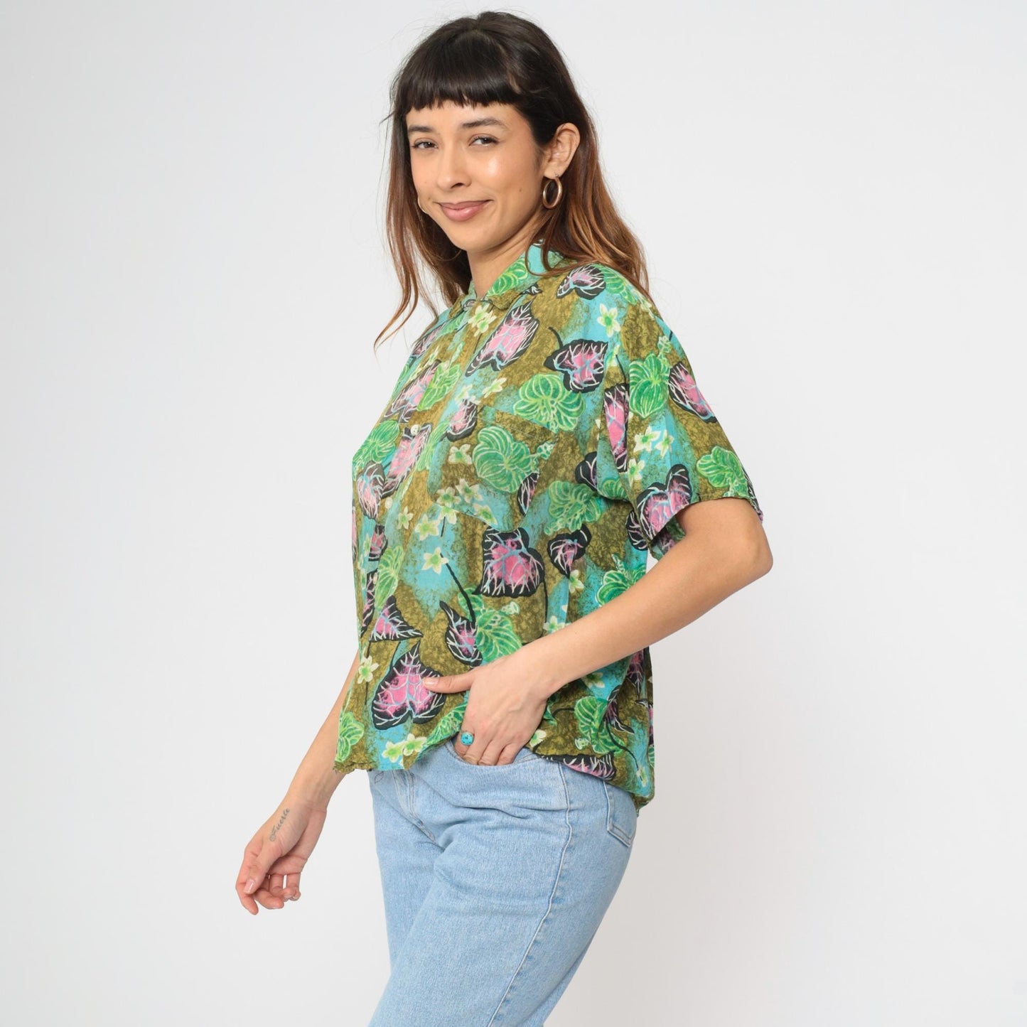90s Tropical Floral Green Button Up Shirt Men's Medium Short Sleeve