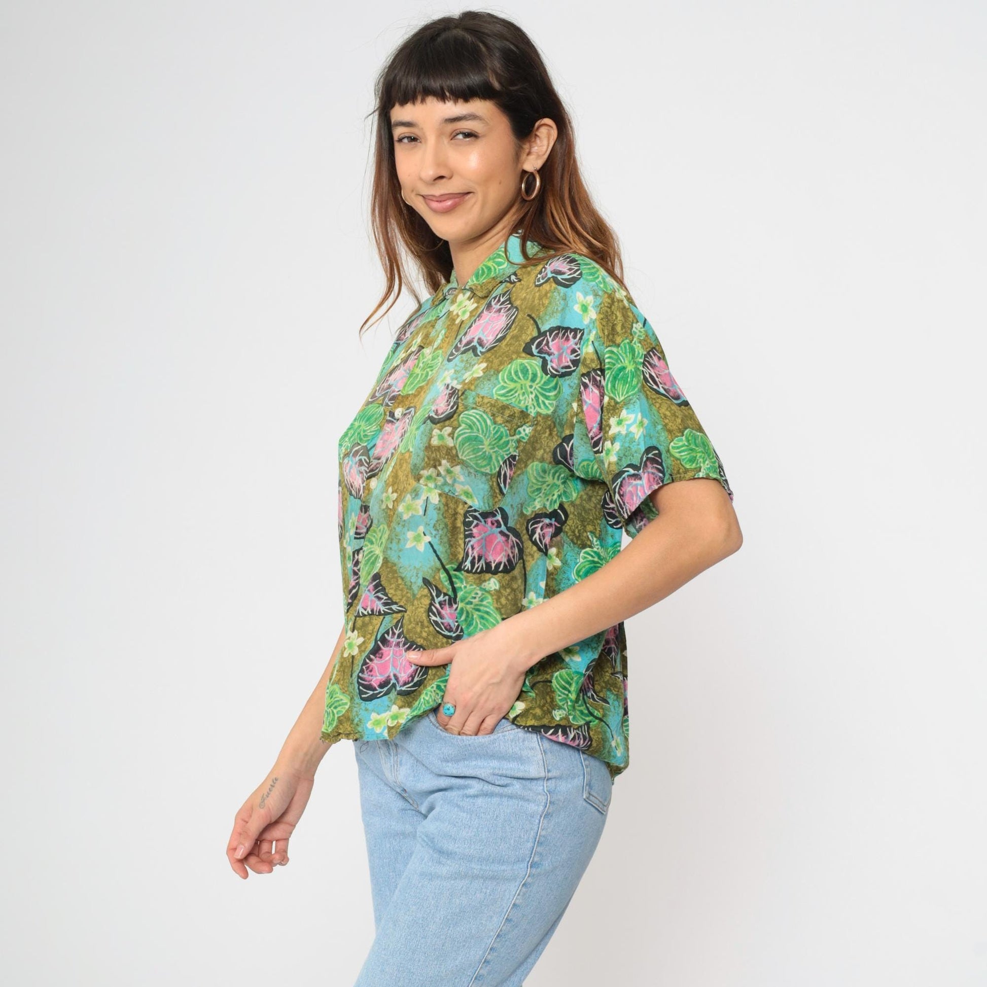 90s Tropical Floral Green Button Up Shirt Men's Medium Short Sleeve