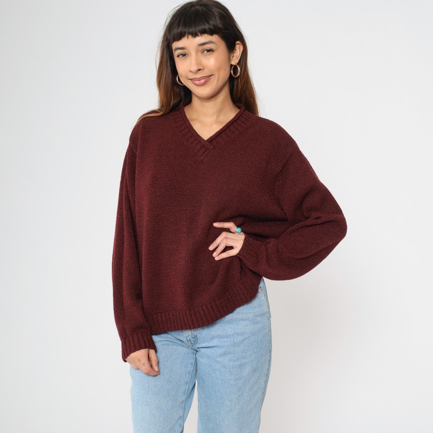 90s Burgundy V-Neck Knit Sweater Pullover Medium M
