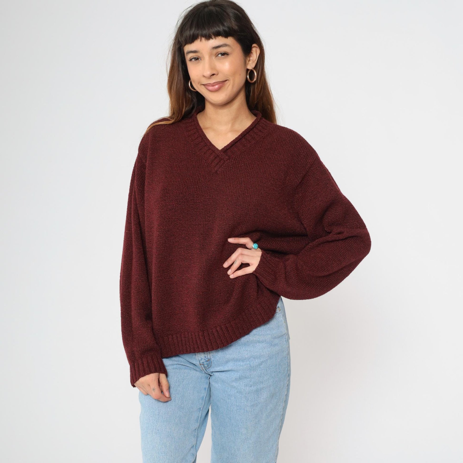 90s Burgundy V-Neck Knit Sweater Pullover Medium M