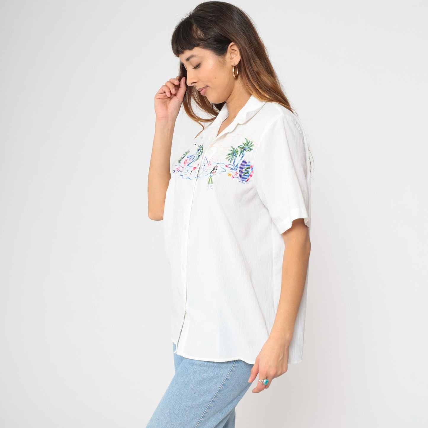 90s Alfred Dunner Hawaiian Shirt White Hula Girl Embroidered XL