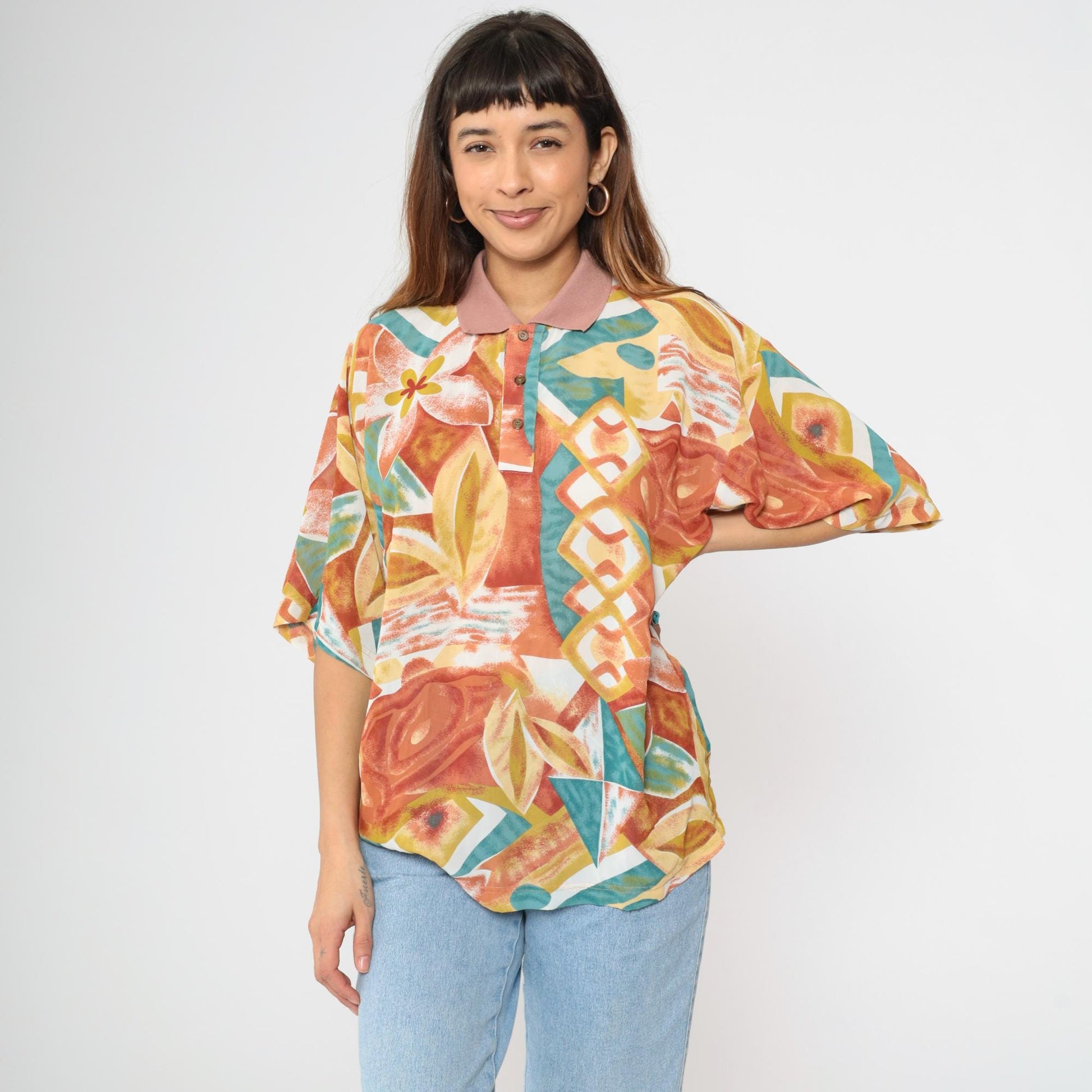 Y2K Tropical Floral Polo Shirt Multicolor Abstract Print Orange Large