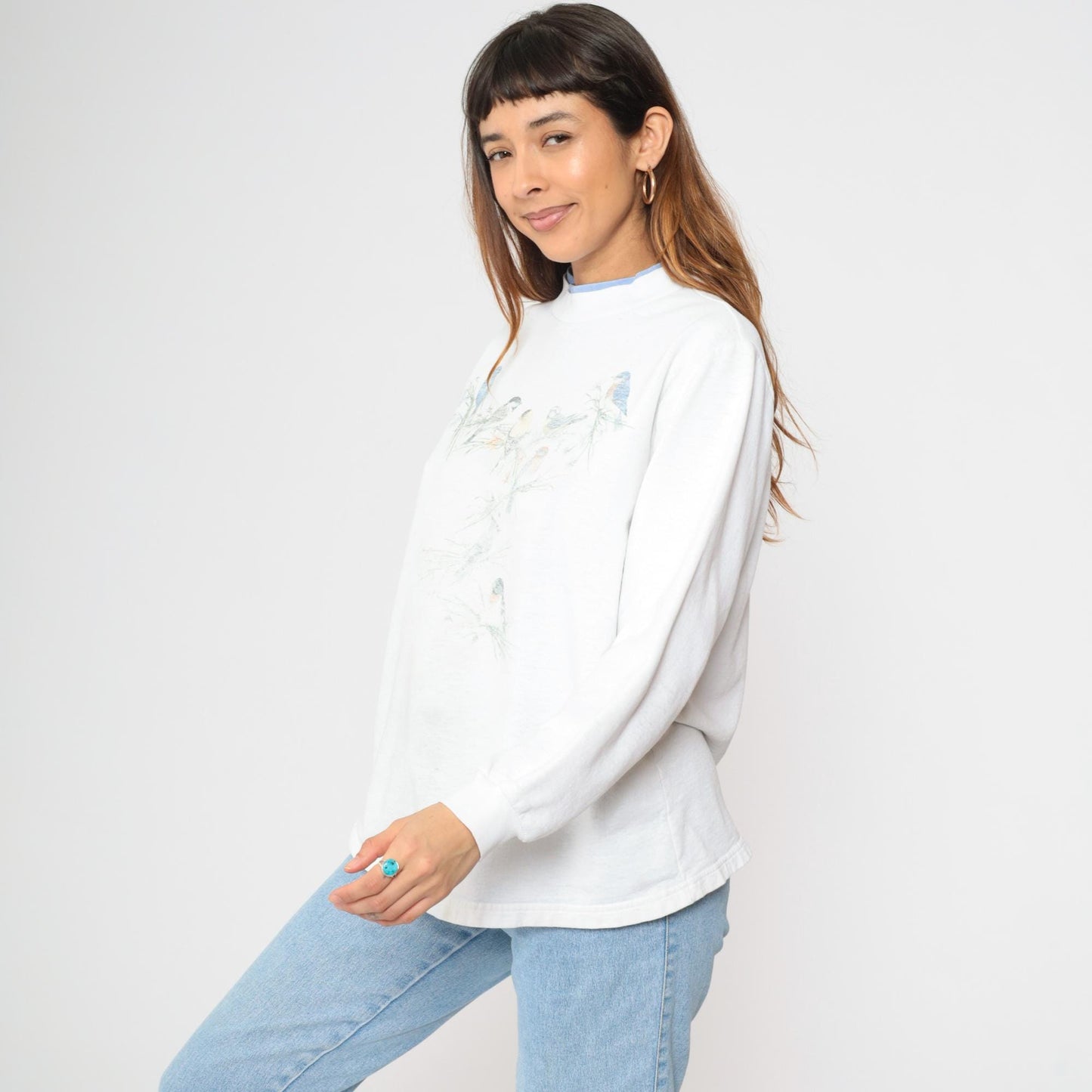 90s Bird Wildlife Sweatshirt White Graphic Double Collar Pullover Large L