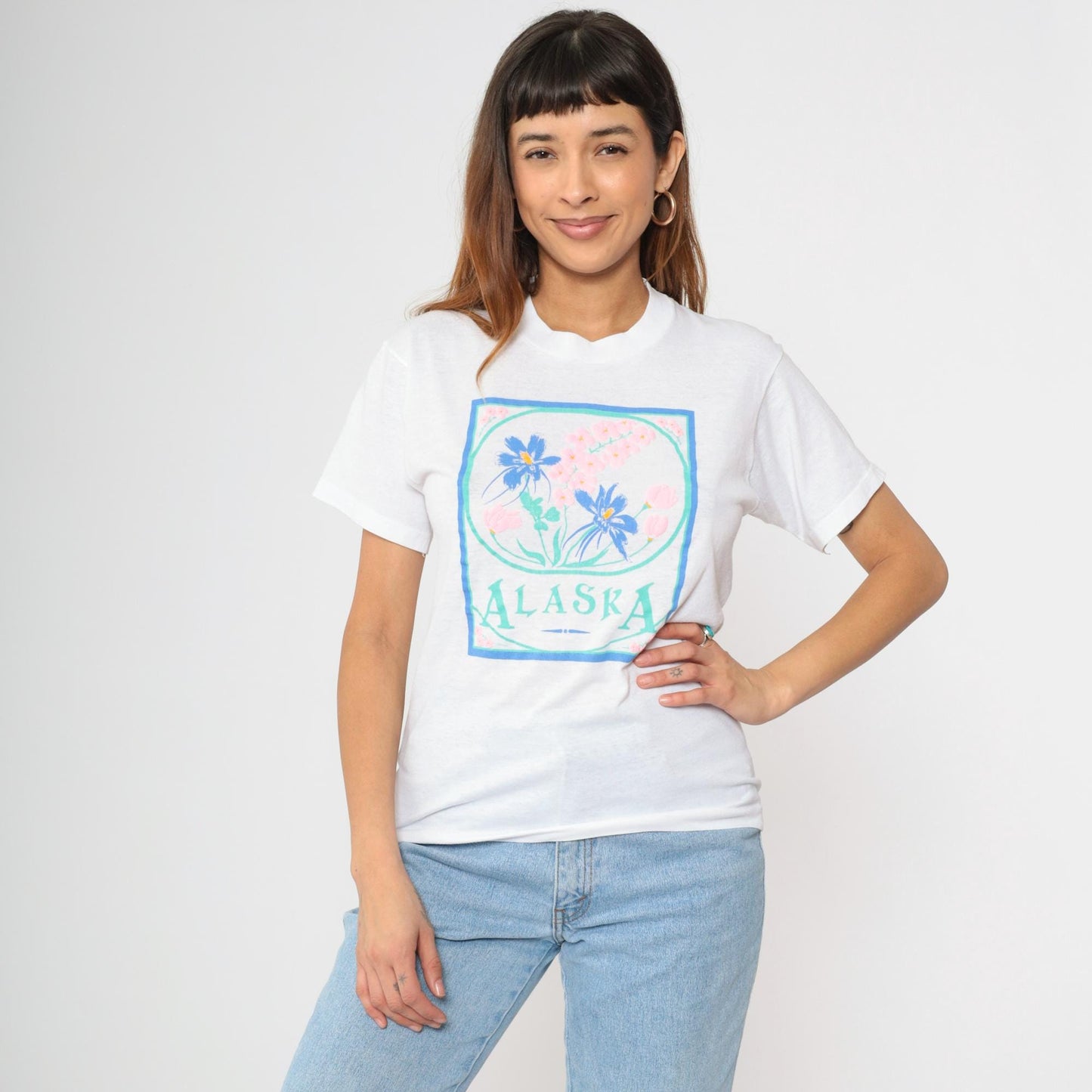 90s Screen Stars Alaska Floral Graphic T-Shirt White Single Stitch Small