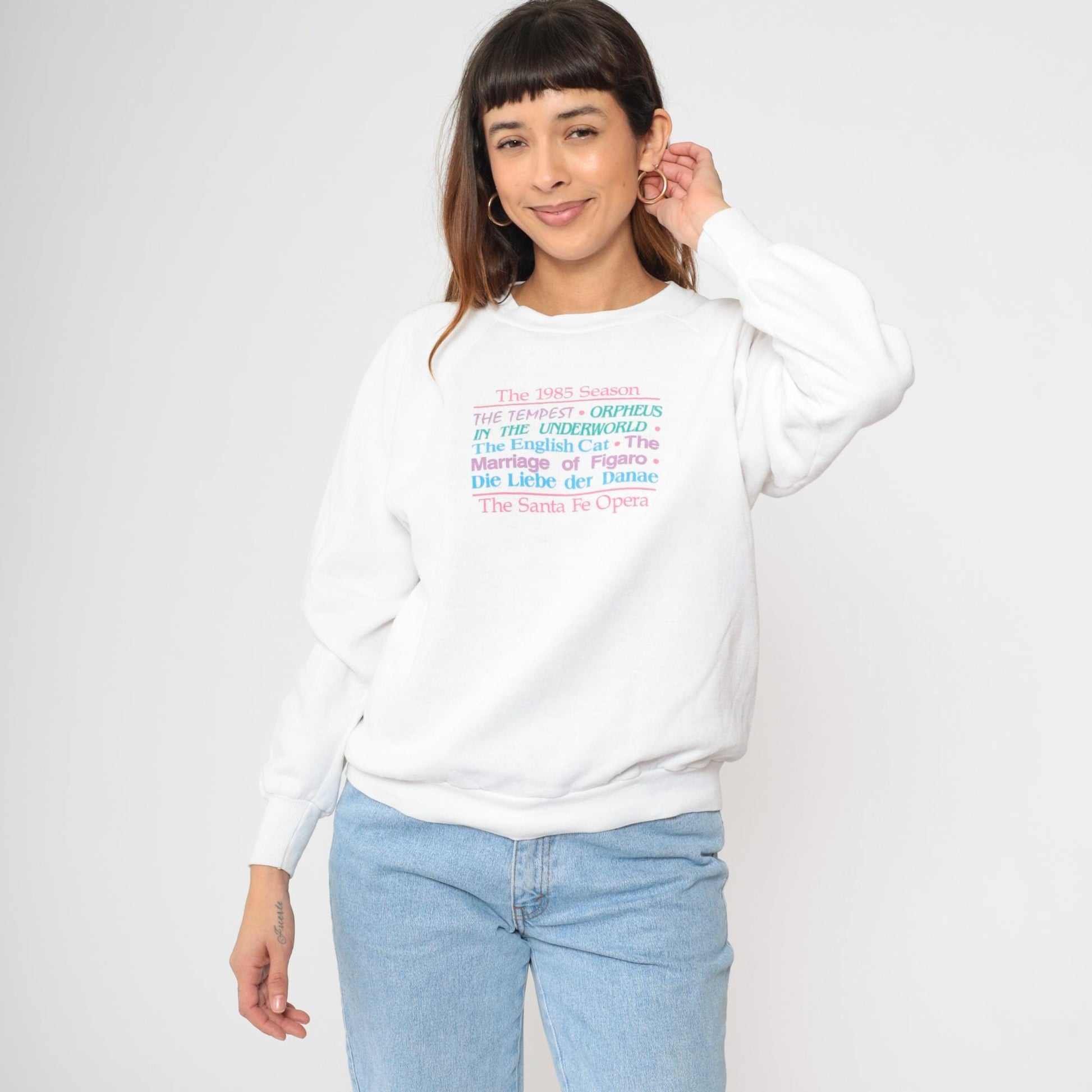 80s Santa Fe Opera Sweatshirt White Graphic Crewneck Raglan Large