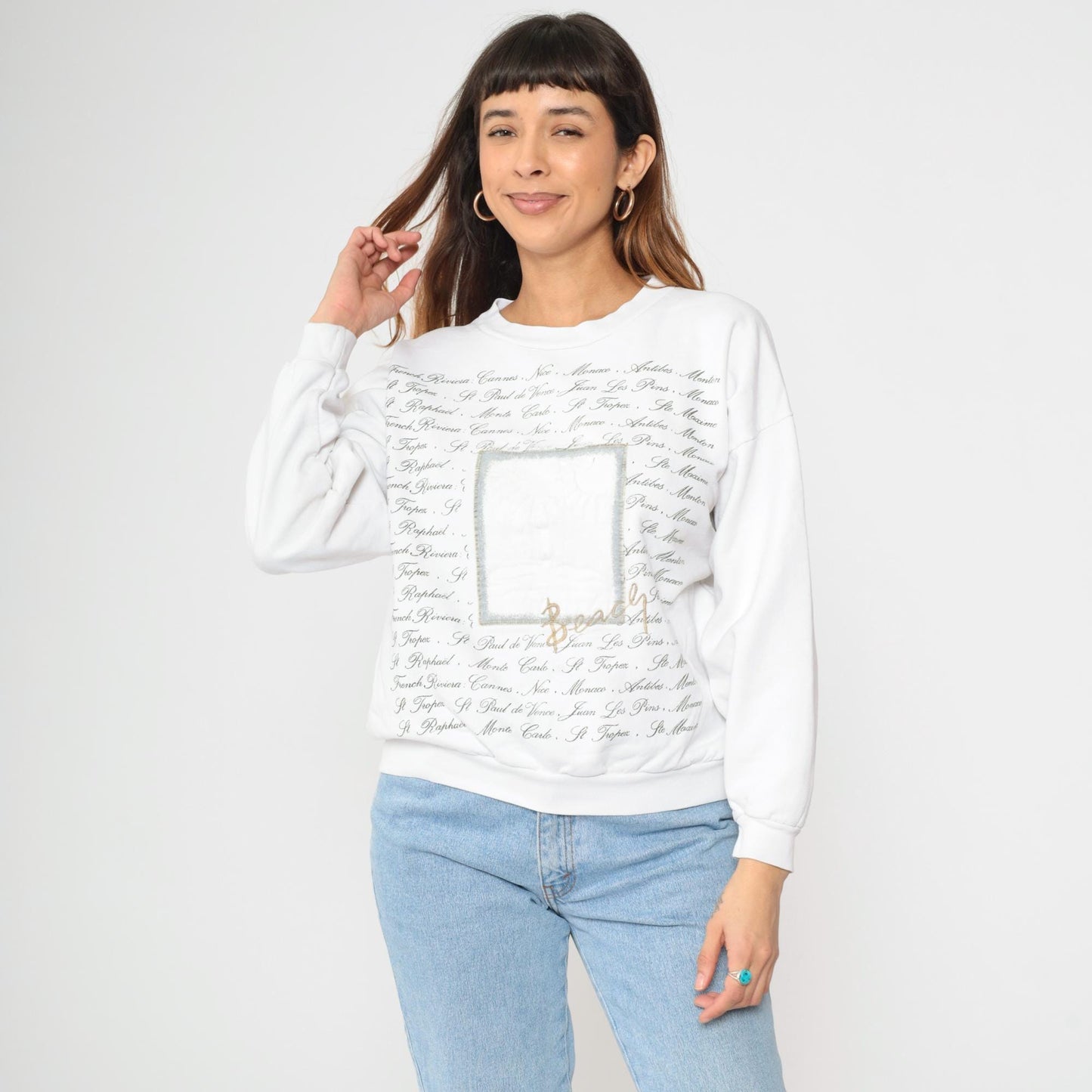 90s French Riviera Sweatshirt White Palm Tree Beach Print Crewneck Large L