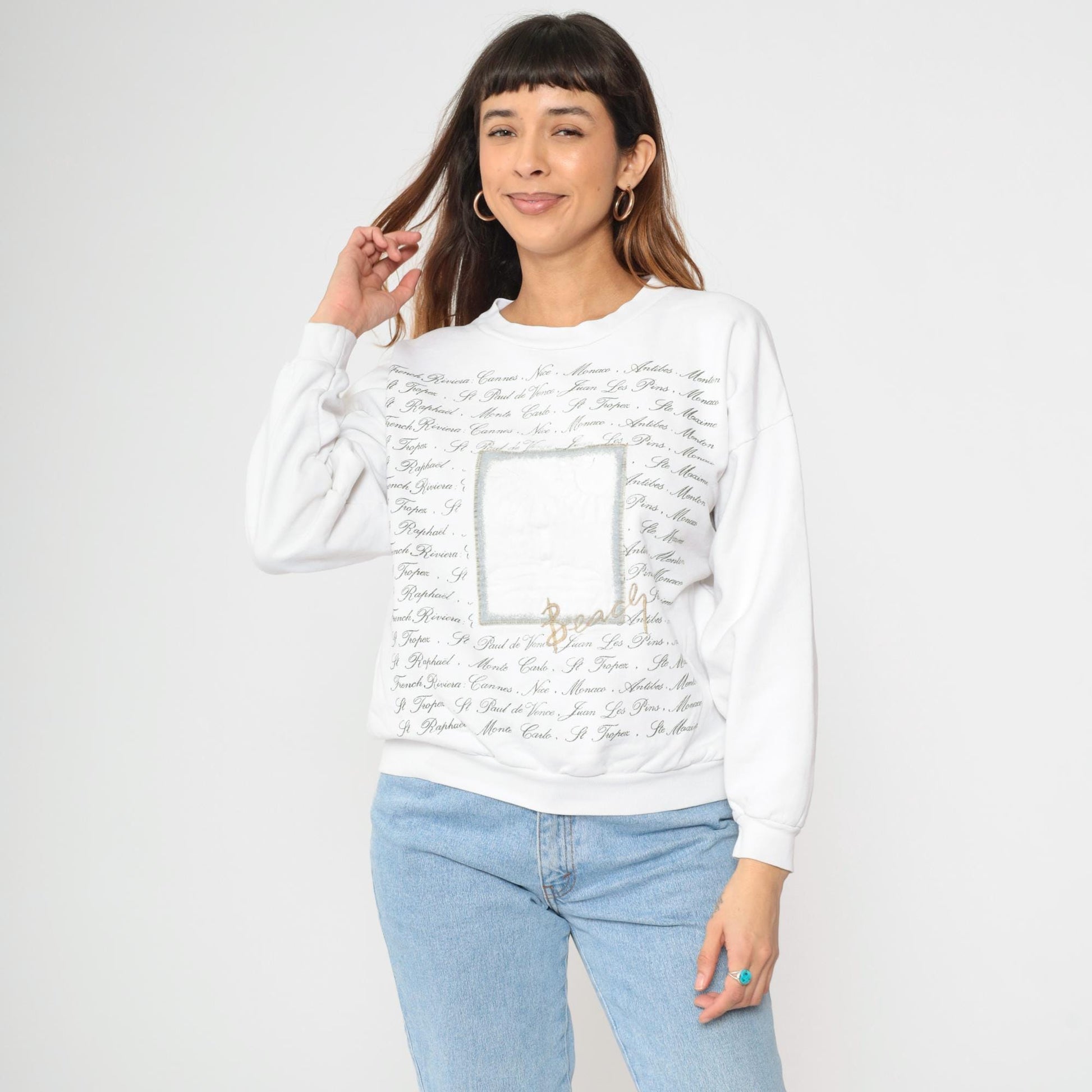 90s French Riviera Sweatshirt White Palm Tree Beach Print Crewneck Large L
