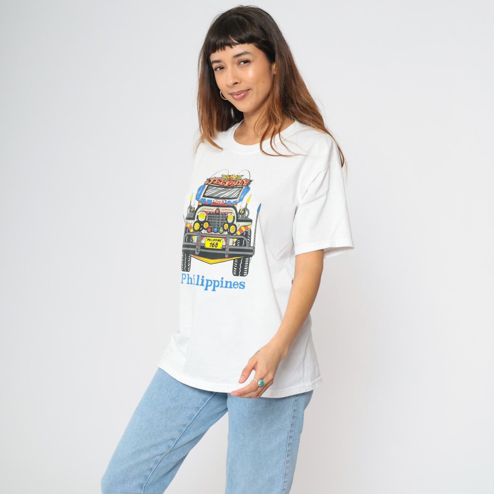 Philippines Jeepney Graphic T-Shirt White Crew Neck Travel Souvenir Large L
